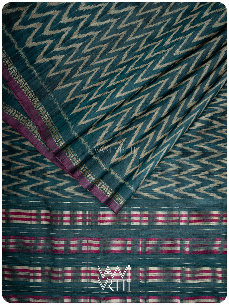 Deep Teal Aziz Ikat Handspun Tussar Silk Saree
