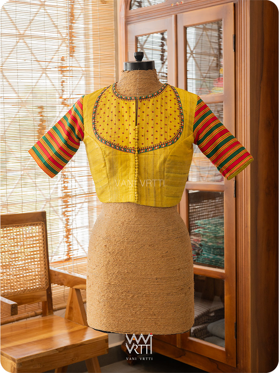 Yellow Stripes Lotus Parrot Hand Embroidery Gicha Tussar Silk Mashru Blouse