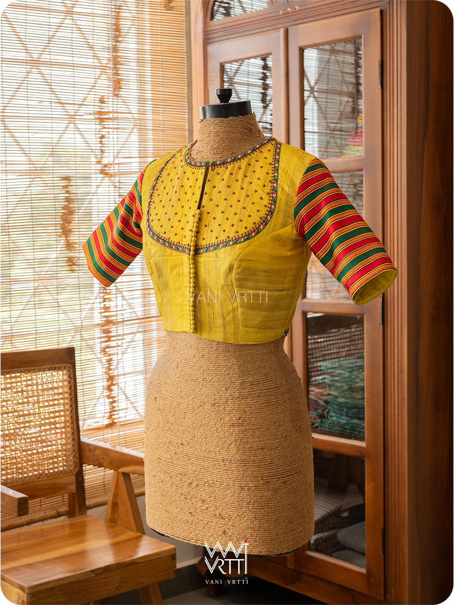Yellow Stripes Lotus Parrot Hand Embroidery Gicha Tussar Silk Mashru Blouse