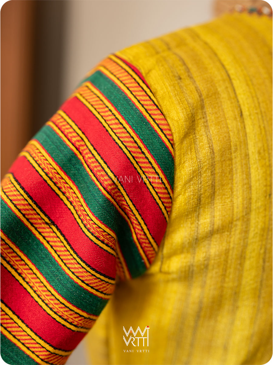 Yellow Stripes Lotus Parrot Hand Embroidery Gicha Tussar Silk Mashru Blouse