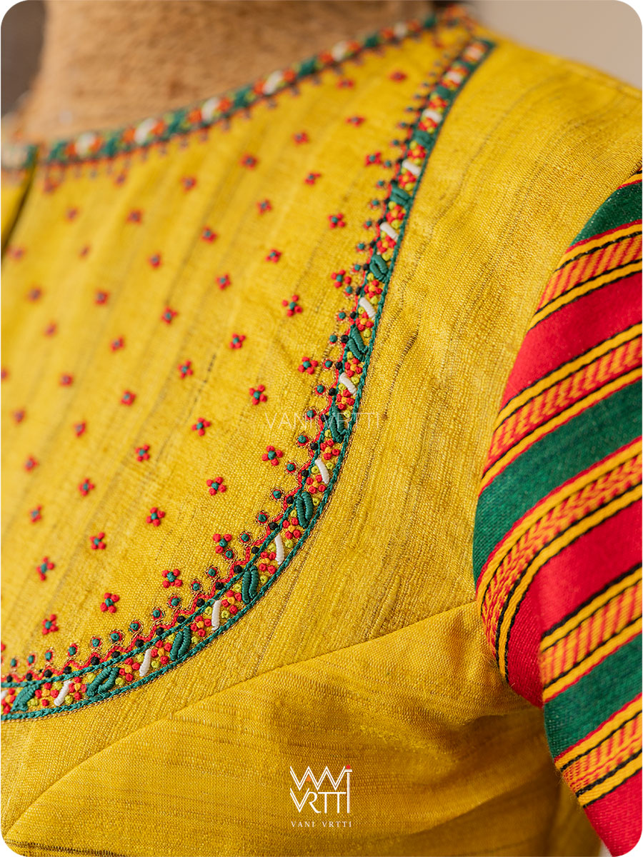 Yellow Stripes Lotus Parrot Hand Embroidery Gicha Tussar Silk Mashru Blouse