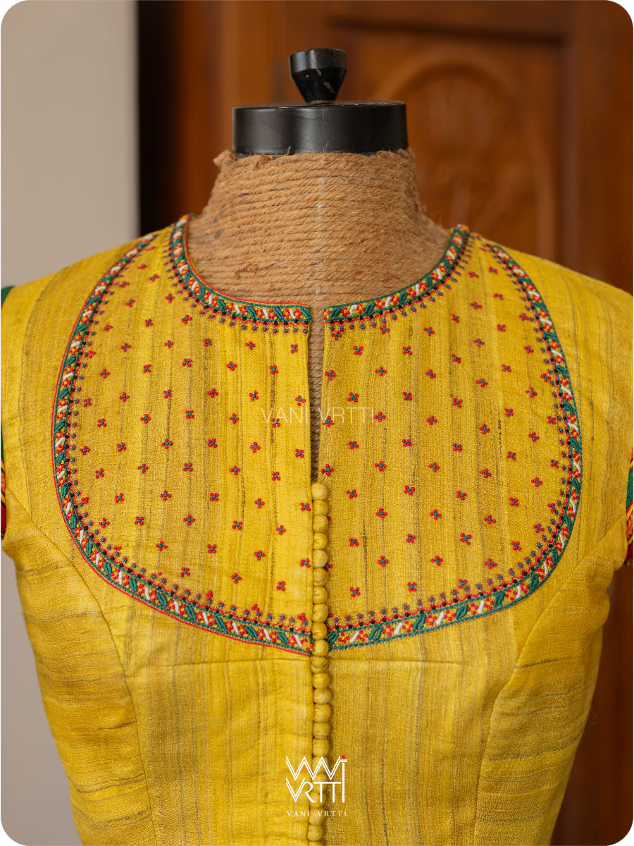 Yellow Stripes Lotus Parrot Hand Embroidery Gicha Tussar Silk Mashru Blouse