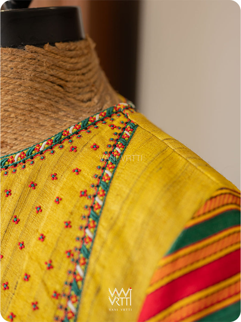 Yellow Stripes Lotus Parrot Hand Embroidery Gicha Tussar Silk Mashru Blouse
