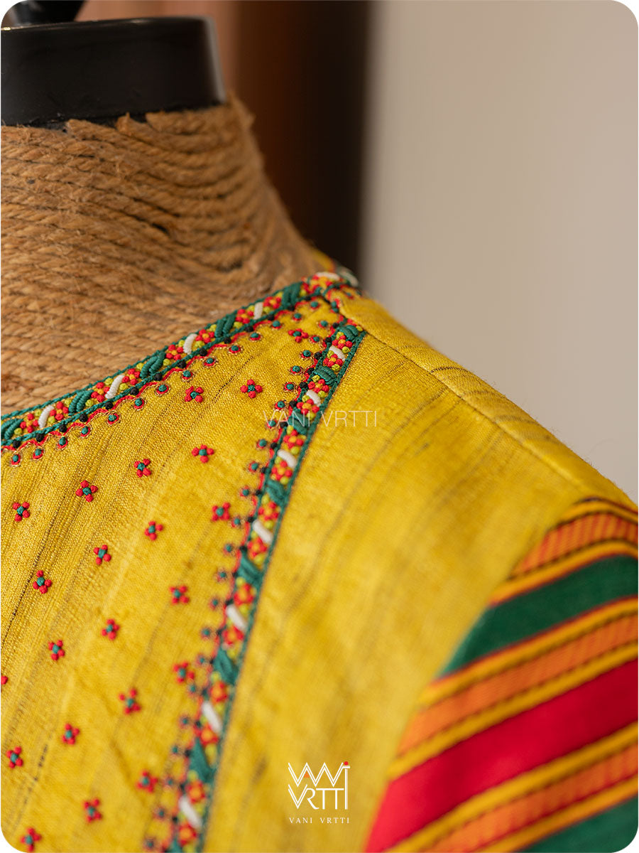 Yellow Stripes Lotus Parrot Hand Embroidery Gicha Tussar Silk Mashru Blouse