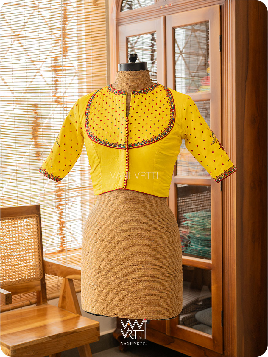 Bright Yellow Lotus Parrot Yoke Zardozi Threadwork Hand Embroidered Tussar Silk Blouse