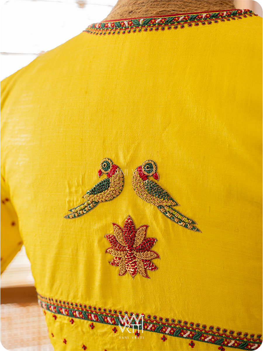 Bright Yellow Lotus Parrot Yoke Zardozi Threadwork Hand Embroidered Tussar Silk Blouse
