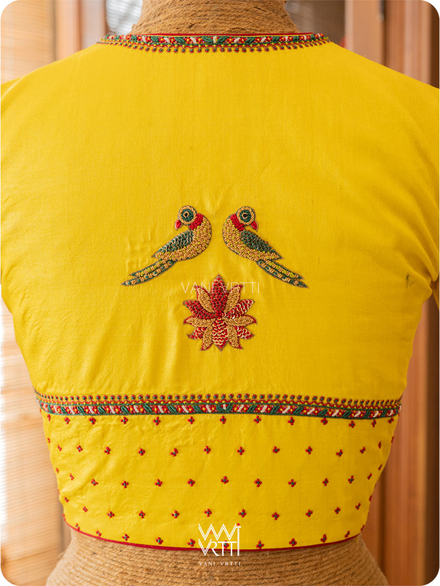 Bright Yellow Lotus Parrot Yoke Zardozi Threadwork Hand Embroidered Tussar Silk Blouse