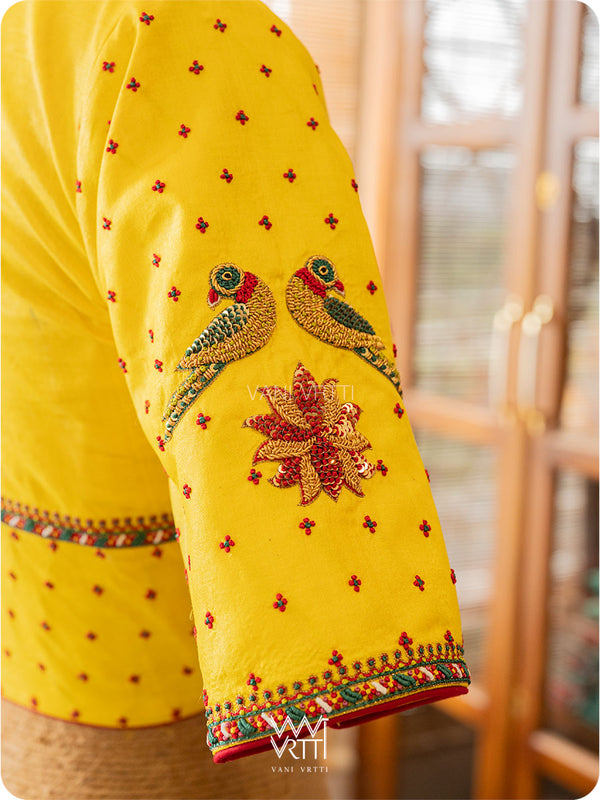Bright Yellow Lotus Parrot Yoke Zardozi Threadwork Hand Embroidered Tussar Silk Blouse