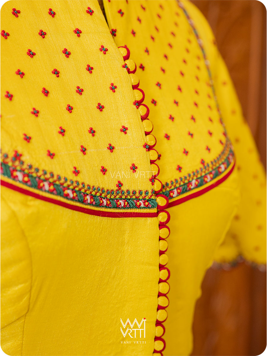 Bright Yellow Lotus Parrot Yoke Zardozi Threadwork Hand Embroidered Tussar Silk Blouse