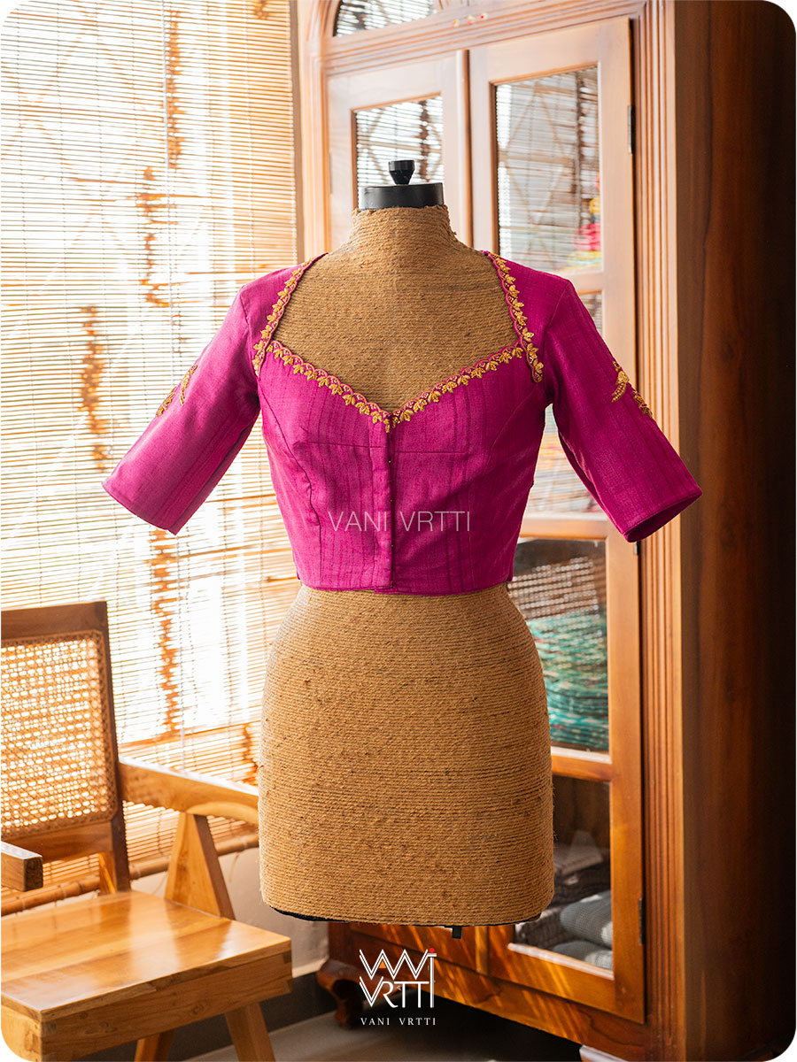 Rani Pink Lotus Parrot Zardozi Handspun Tussar Silk Blouse