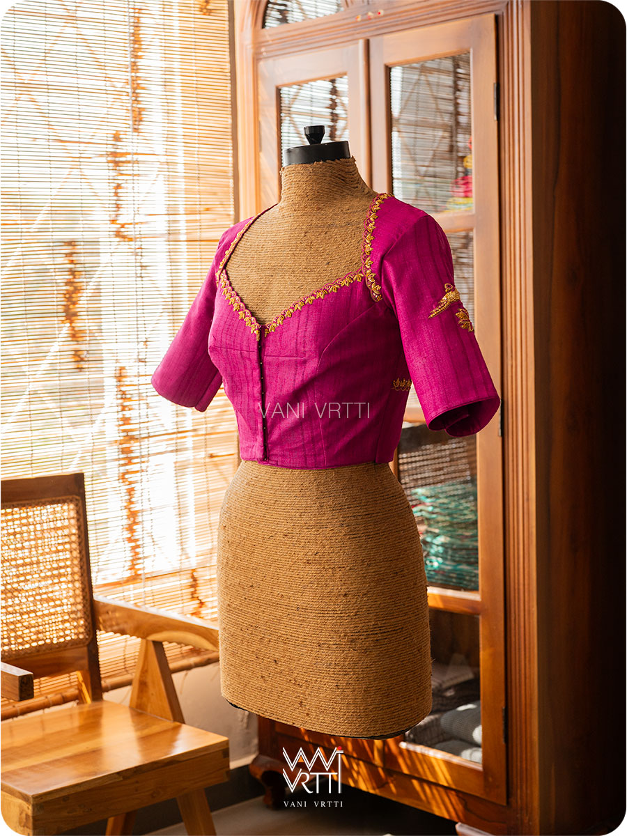 Rani Pink Lotus Parrot Zardozi Handspun Tussar Silk Blouse