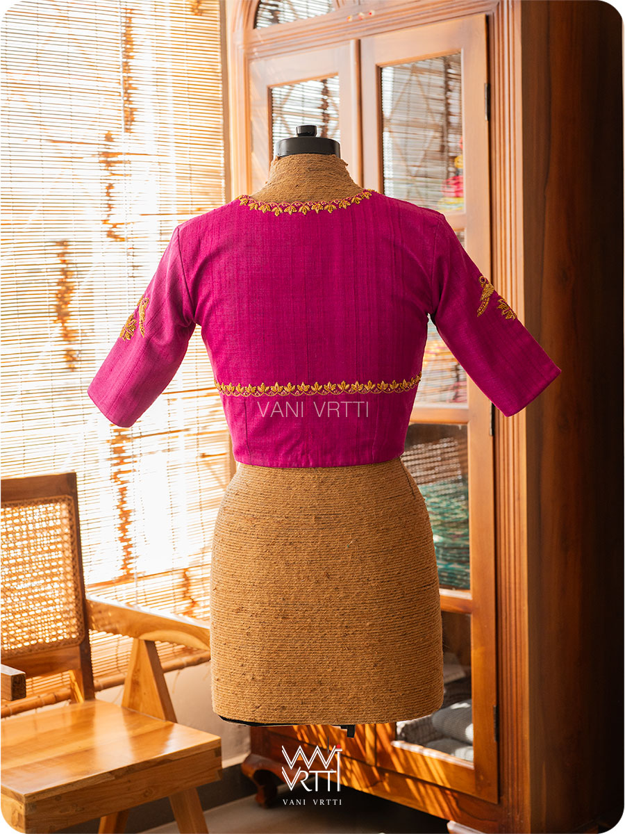 Rani Pink Lotus Parrot Zardozi Handspun Tussar Silk Blouse