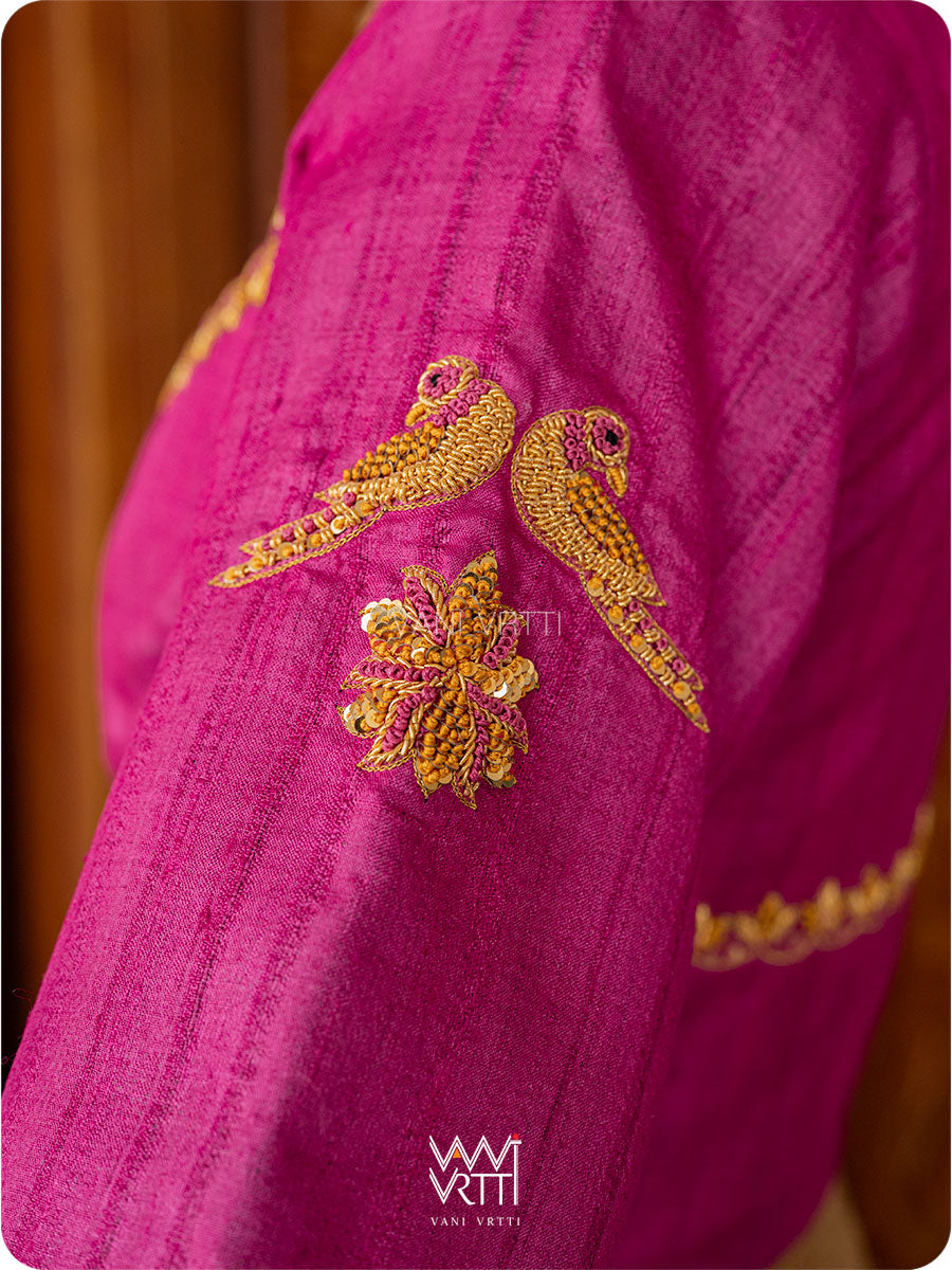 Rani Pink Lotus Parrot Zardozi Handspun Tussar Silk Blouse