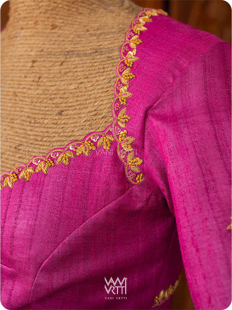 Rani Pink Lotus Parrot Zardozi Handspun Tussar Silk Blouse
