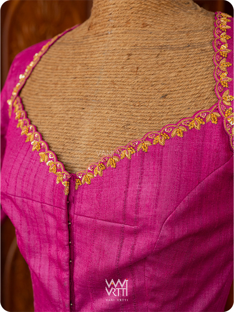 Rani Pink Lotus Parrot Zardozi Handspun Tussar Silk Blouse