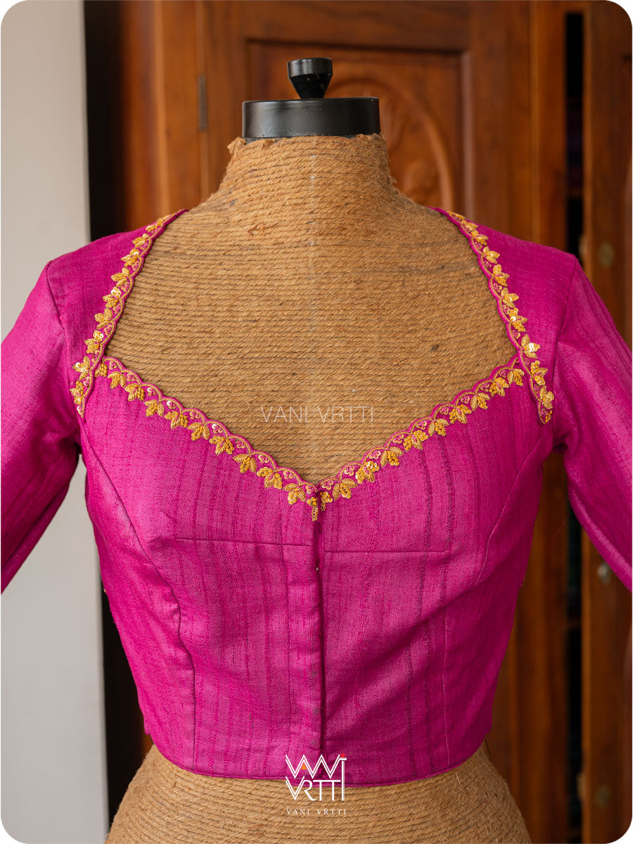 Rani Pink Lotus Parrot Zardozi Handspun Tussar Silk Blouse