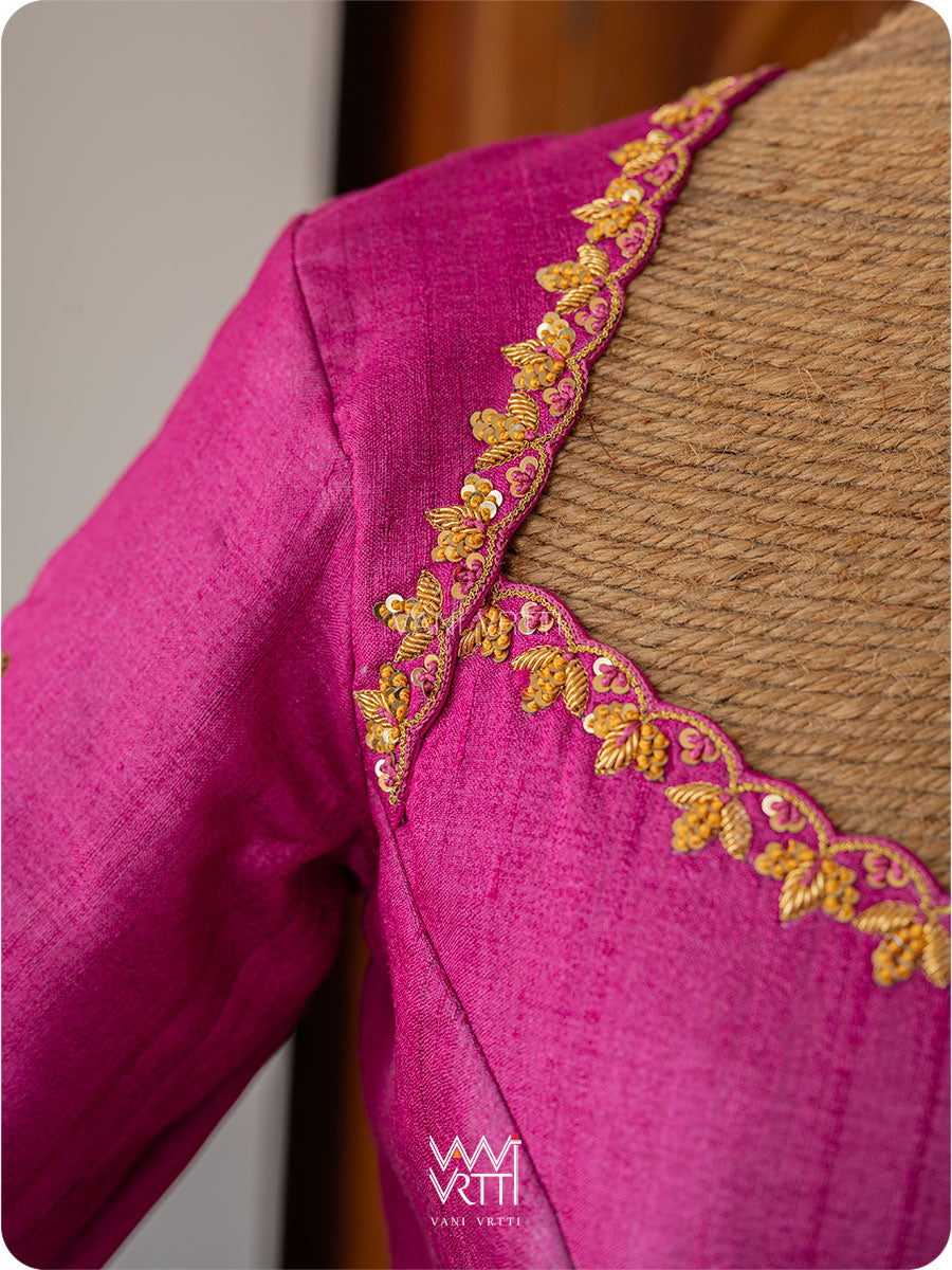 Rani Pink Lotus Parrot Zardozi Handspun Tussar Silk Blouse