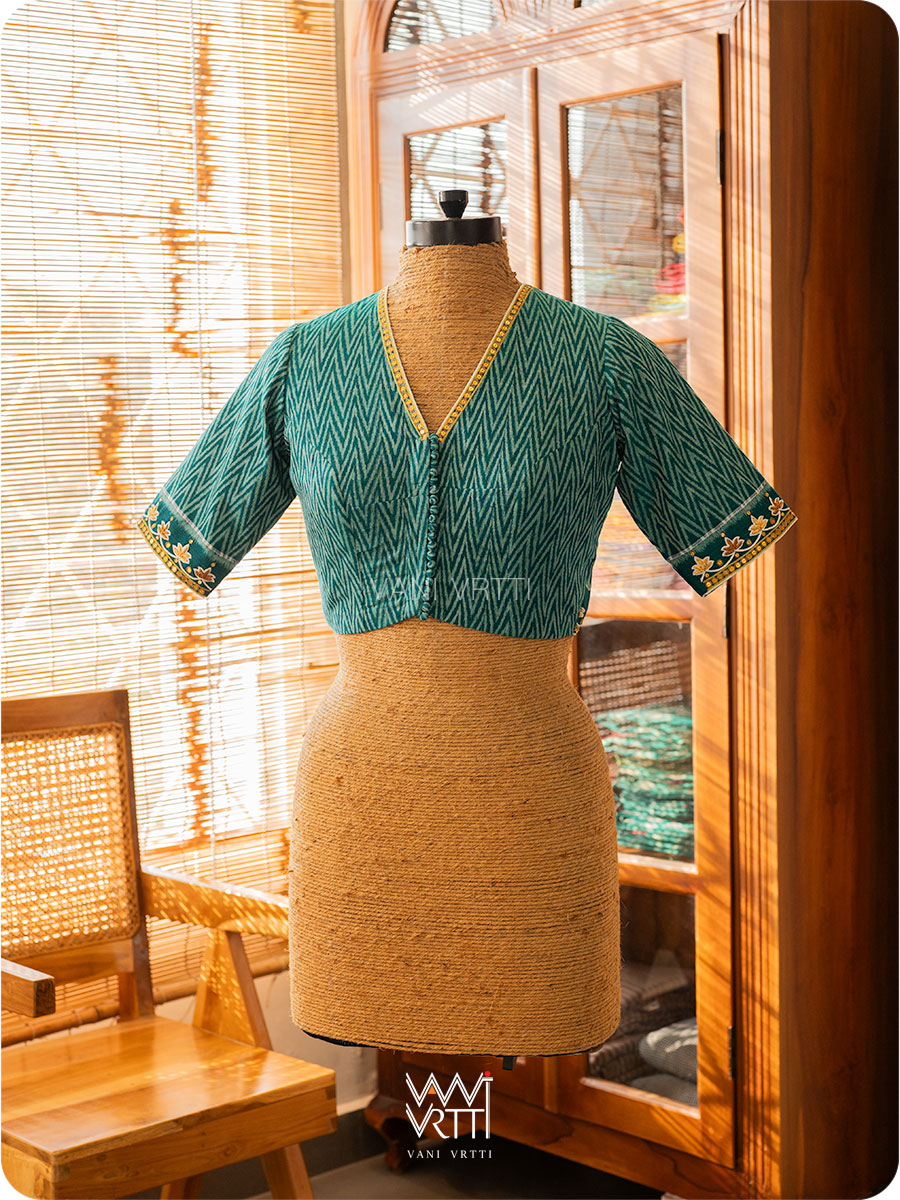 Emerald Green Lotus Zardozi Zig Zag Cotton Ikat Blouse