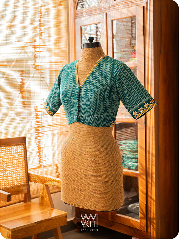 Emerald Green Lotus Zardozi Zig Zag Cotton Ikat Blouse