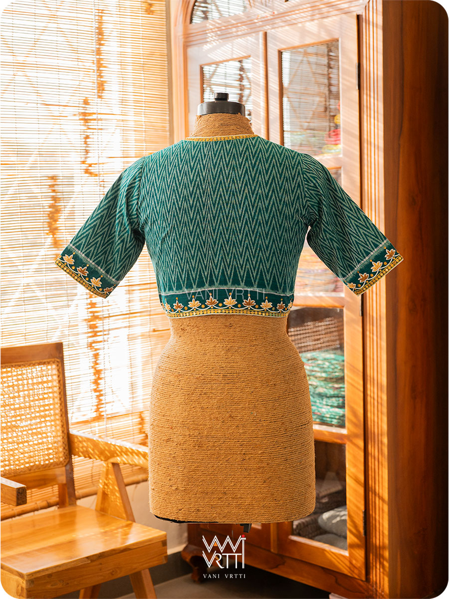 Emerald Green Lotus Zardozi Zig Zag Cotton Ikat Blouse