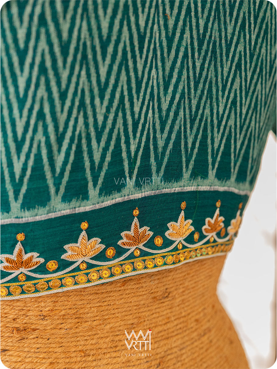 Emerald Green Lotus Zardozi Zig Zag Cotton Ikat Blouse