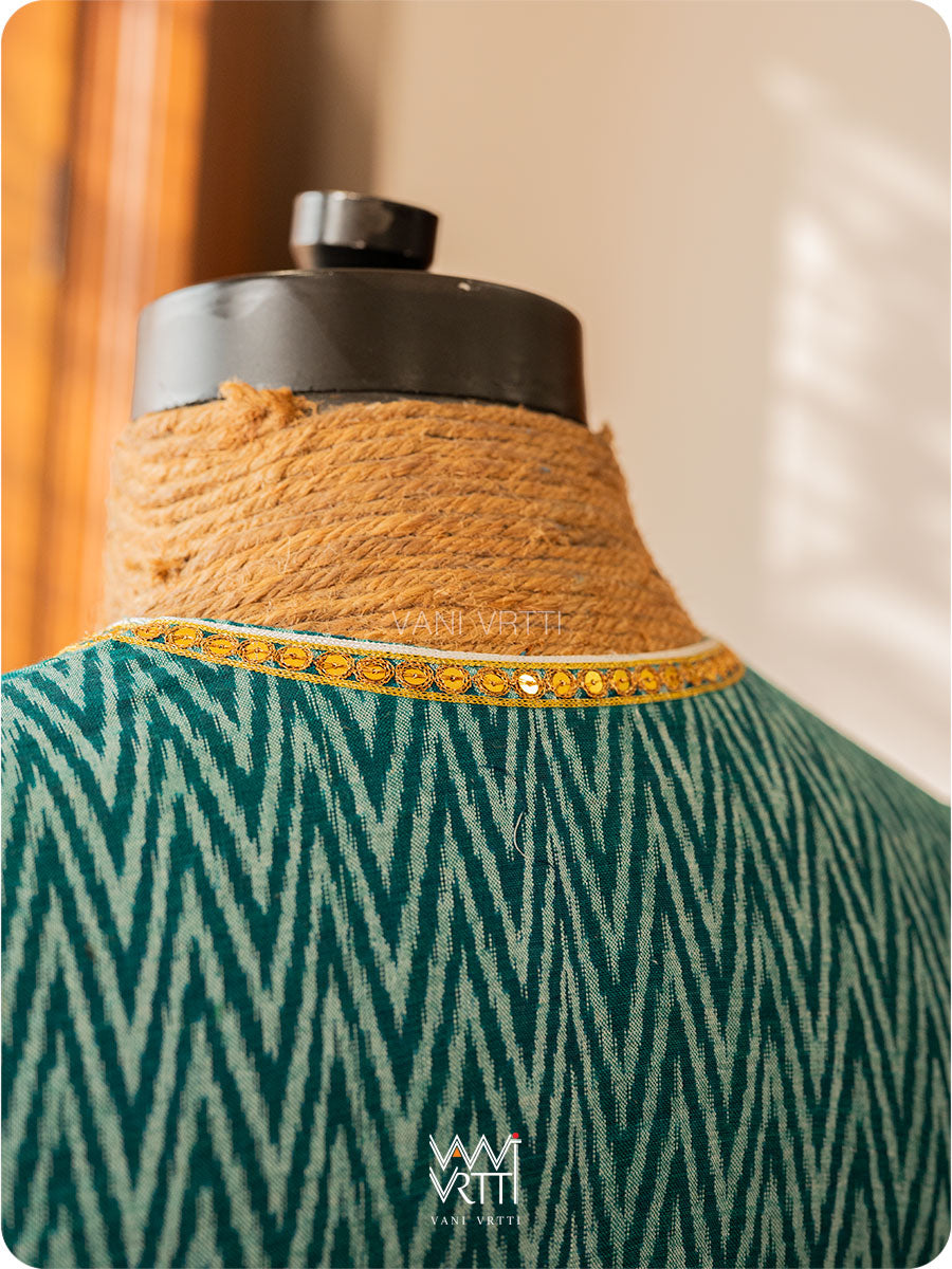 Emerald Green Lotus Zardozi Zig Zag Cotton Ikat Blouse