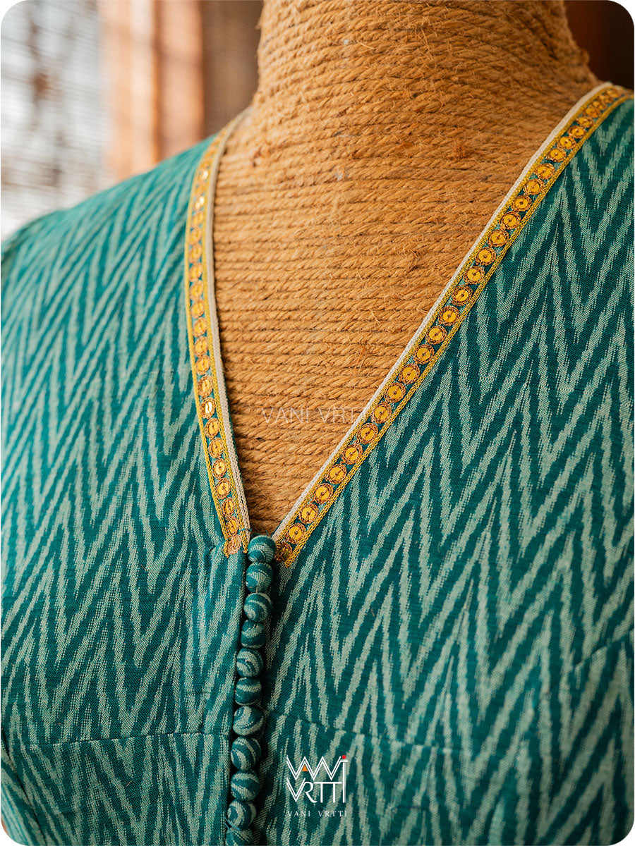 Emerald Green Lotus Zardozi Zig Zag Cotton Ikat Blouse