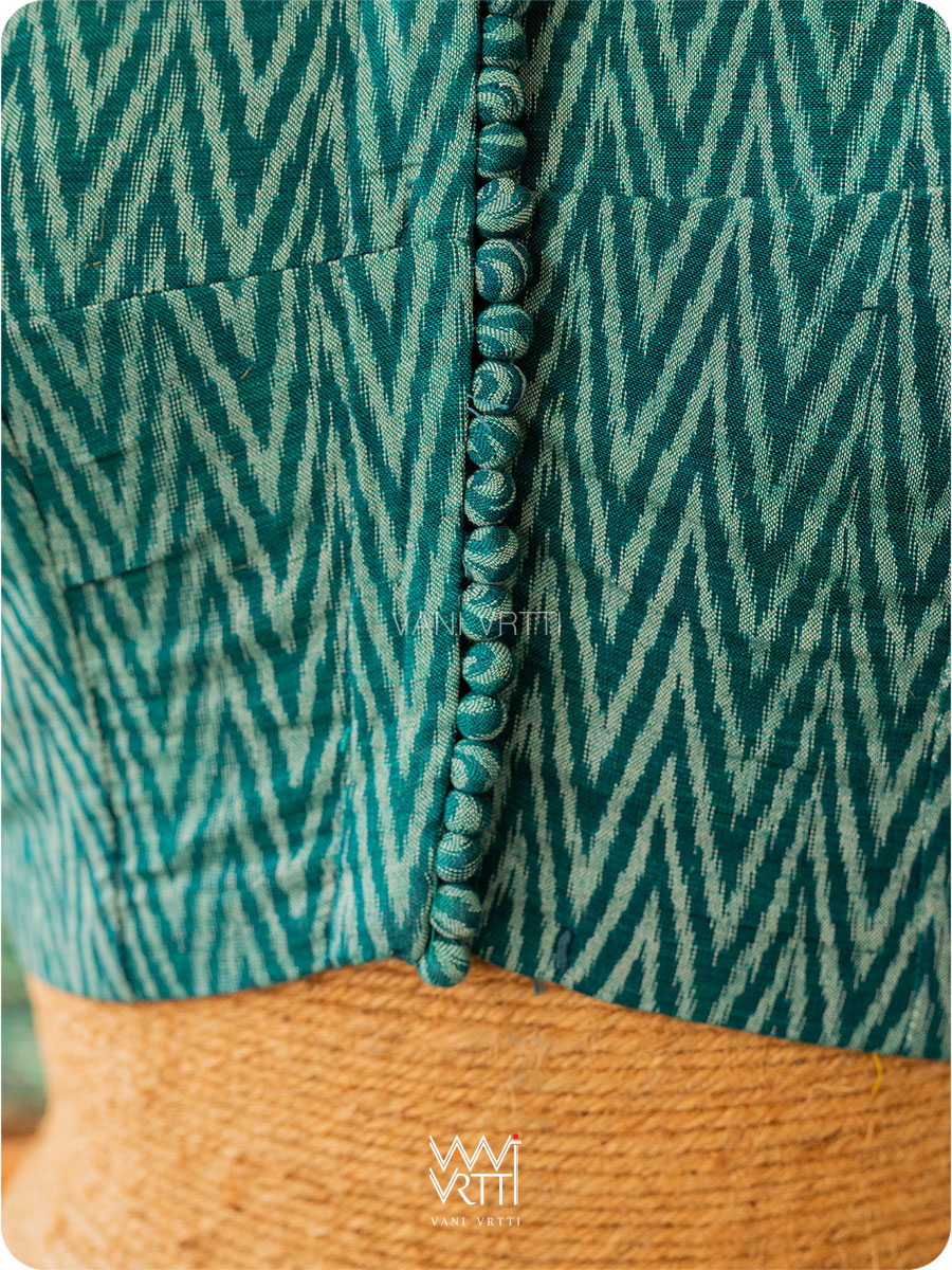Emerald Green Lotus Zardozi Zig Zag Cotton Ikat Blouse