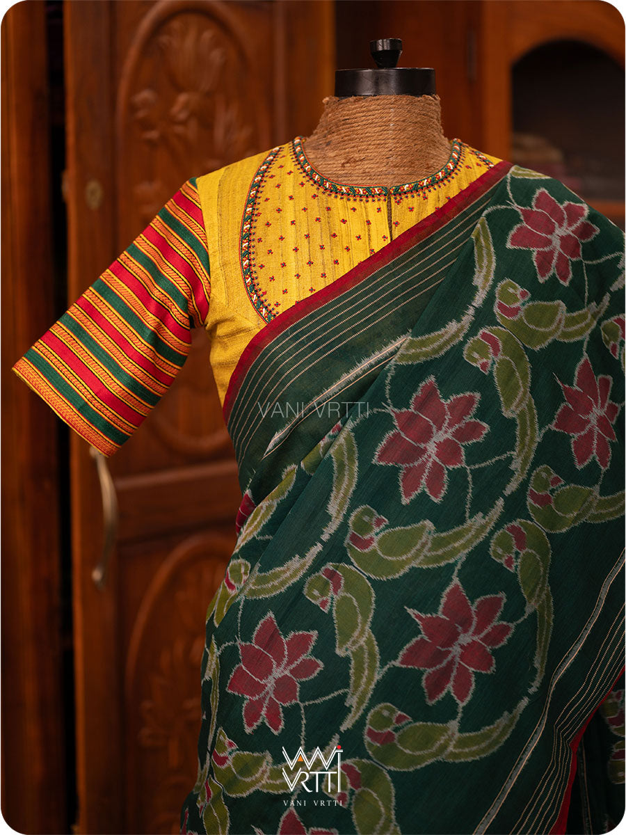 Deep Bottle Green Lotus Parrot Fine Cotton Ikat Saree