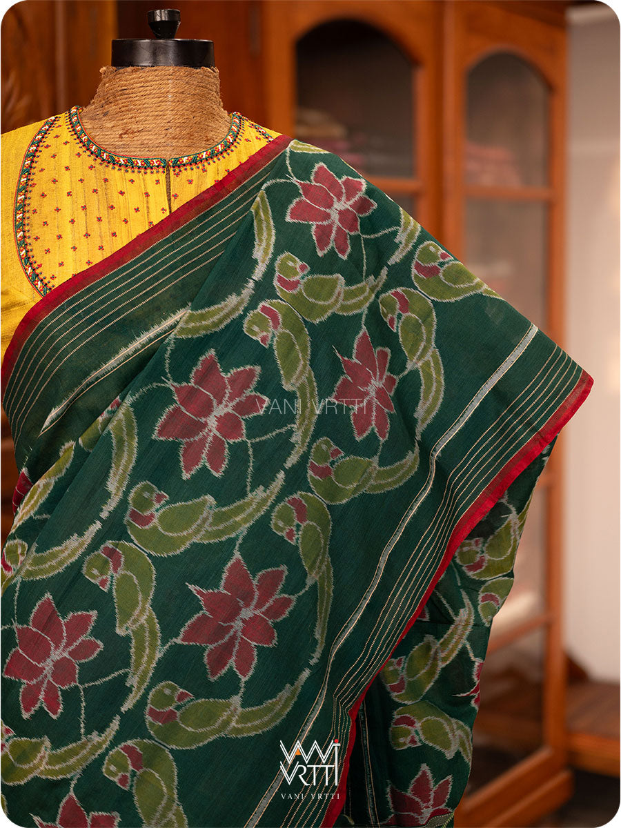 Deep Bottle Green Lotus Parrot Fine Cotton Ikat Saree
