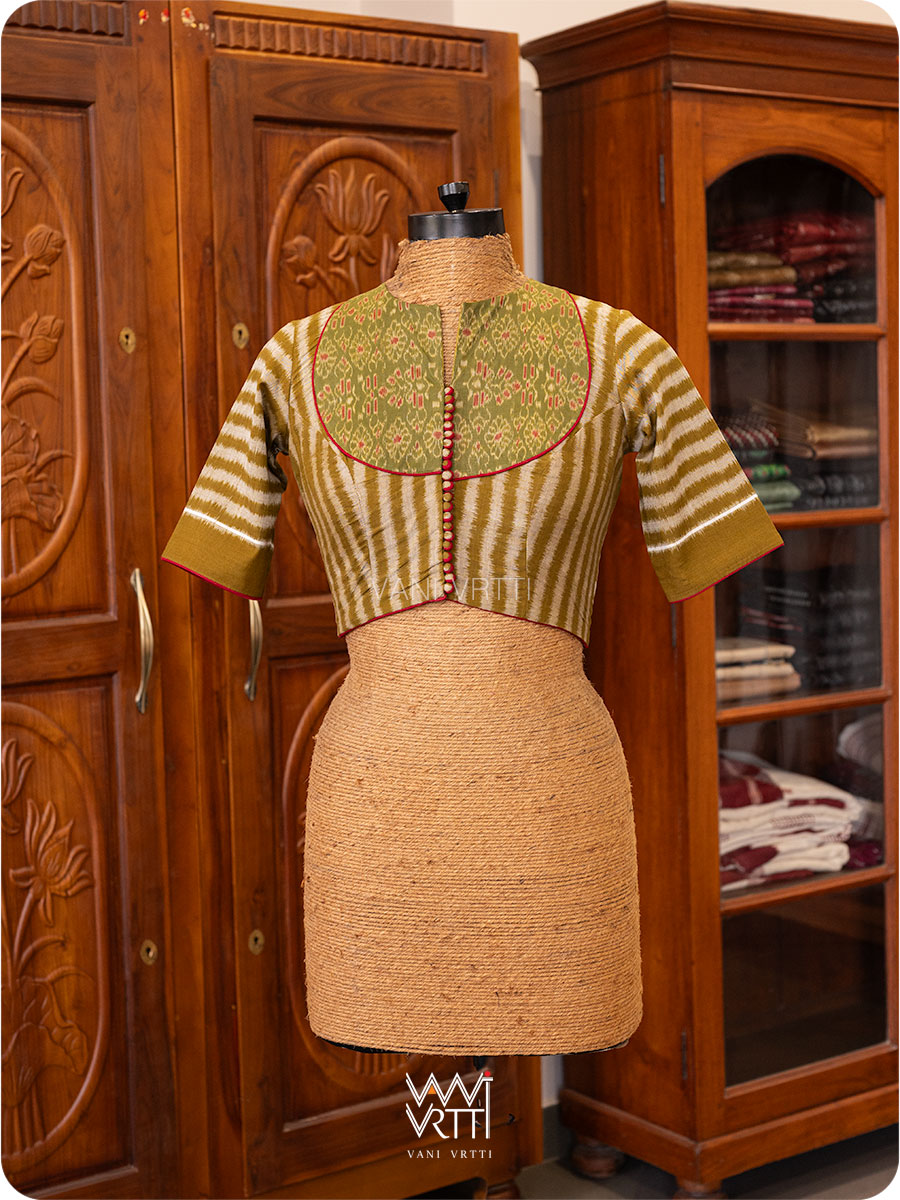 Mehendi Green Parallel Lines Yoke Cotton Ikat Blouse