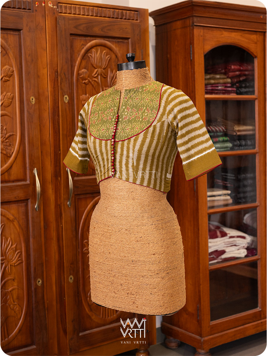 Mehendi Green Parallel Lines Yoke Cotton Ikat Blouse