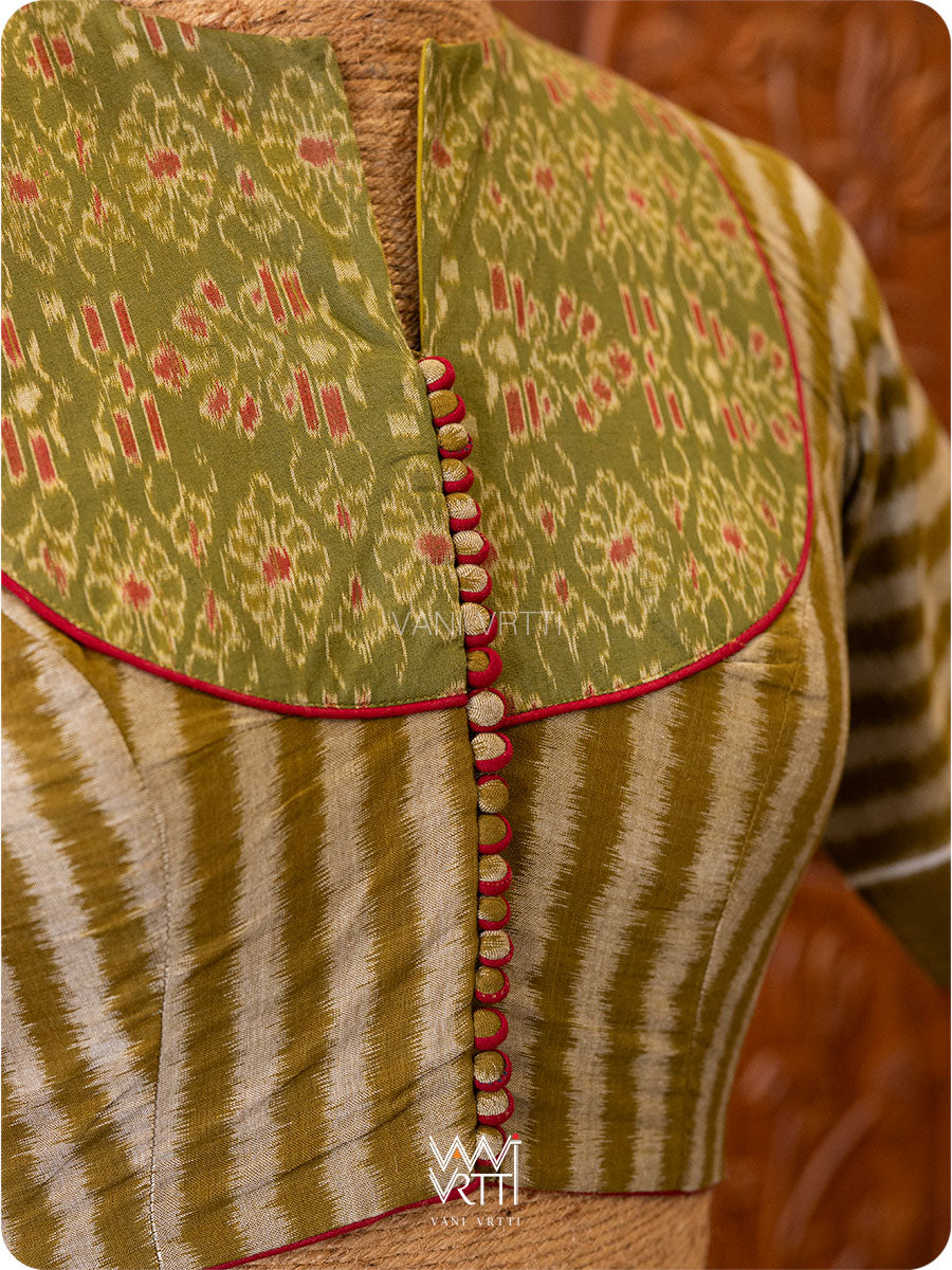 Mehendi Green Parallel Lines Yoke Cotton Ikat Blouse