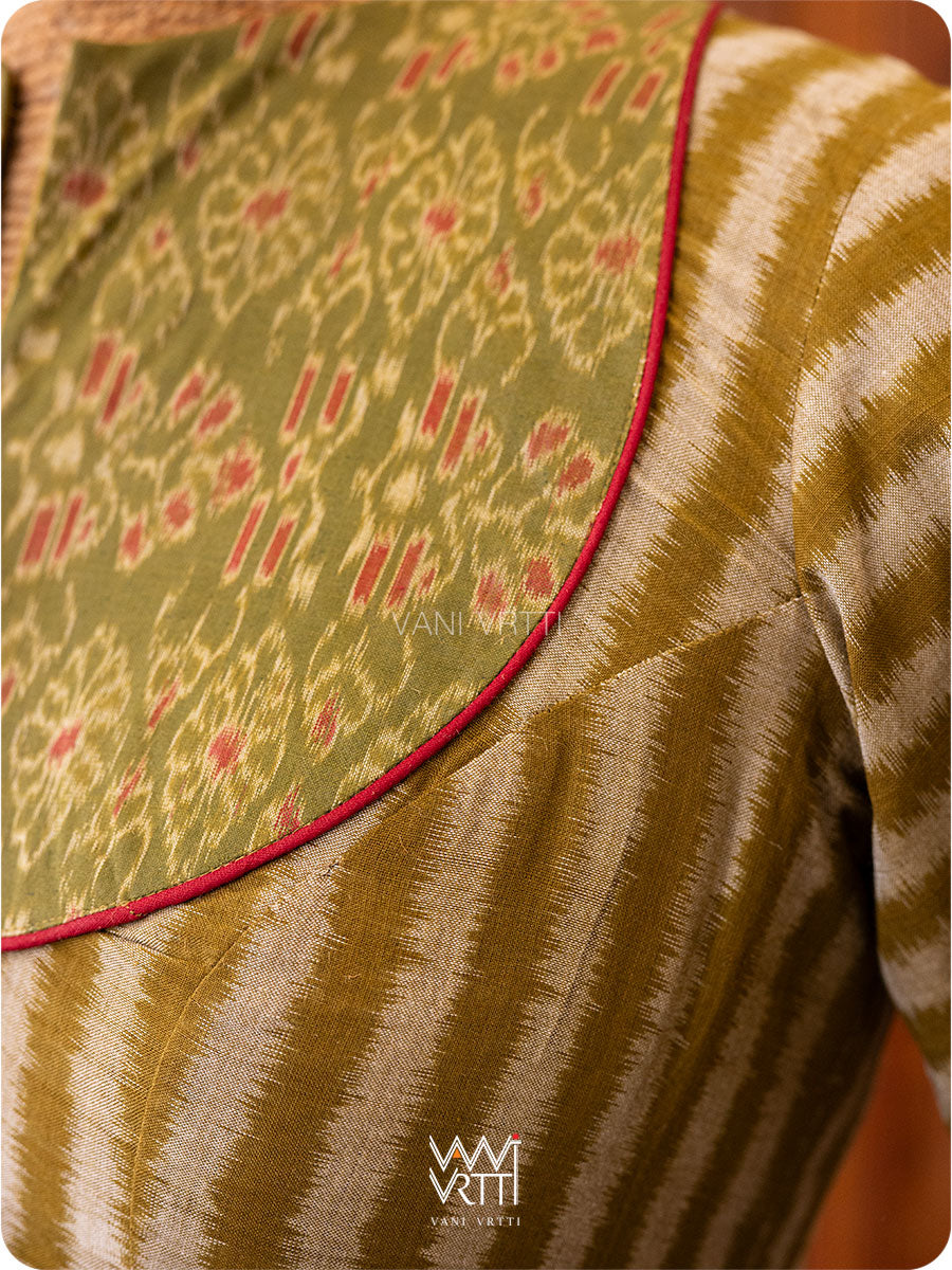 Mehendi Green Parallel Lines Yoke Cotton Ikat Blouse