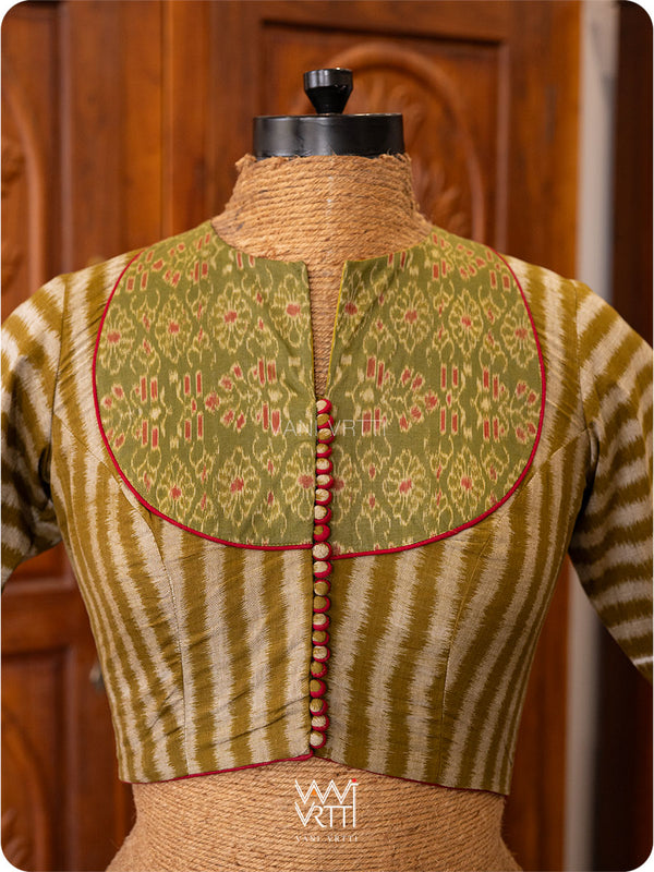 Mehendi Green Parallel Lines Yoke Cotton Ikat Blouse