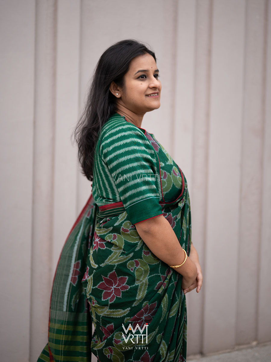 Bottle Green Lotus Parrot Parallel Deep Curved Yoke Cotton Ikat Blouse