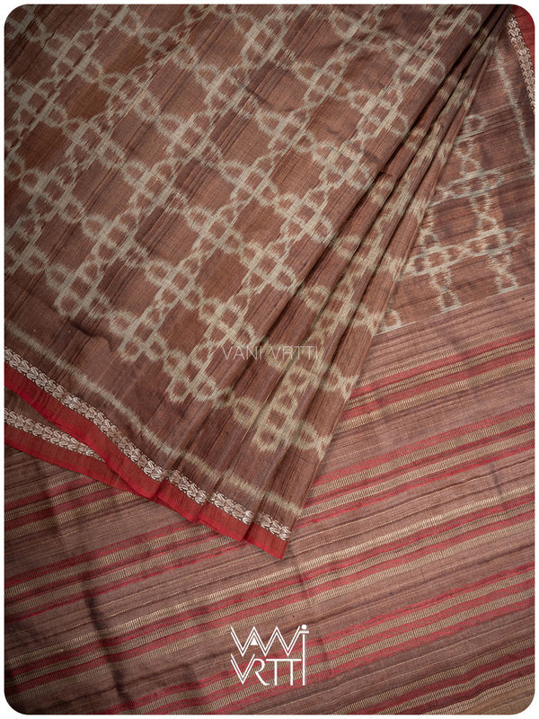 Light Brown Mughal Jaal Ikat Handspun Tussar Silk Sari