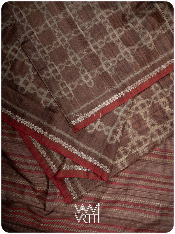 Light Brown Mughal Jaal Ikat Handspun Tussar Silk Sari