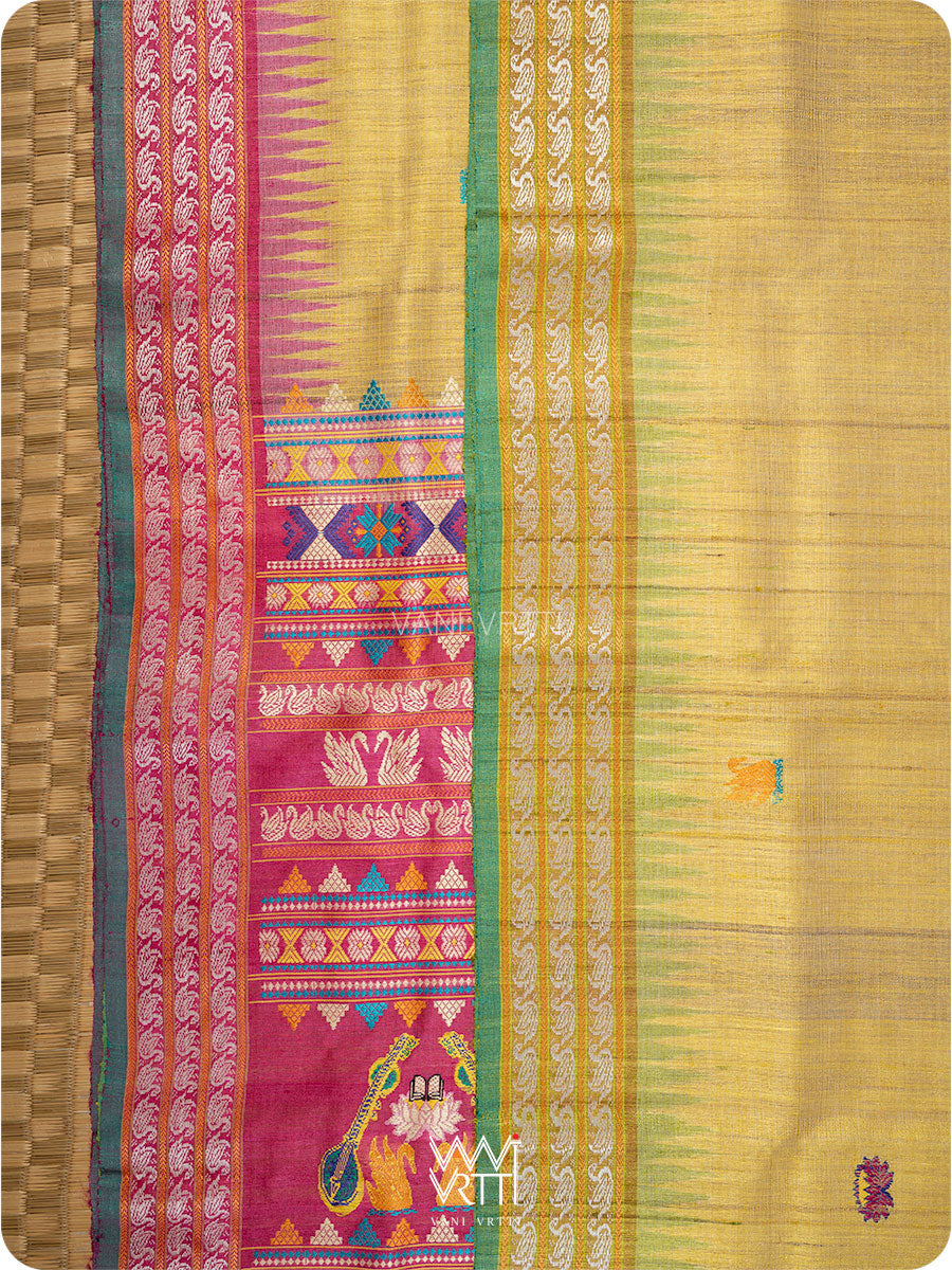 Pastel Yellow Pink Olive Veena Pani Lata Master Weave Exclusive Handspun Tussar Silk Saree