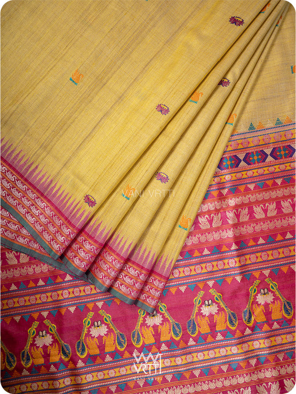Pastel Yellow Pink Olive Veena Pani Lata Master Weave Exclusive Handspun Tussar Silk Saree