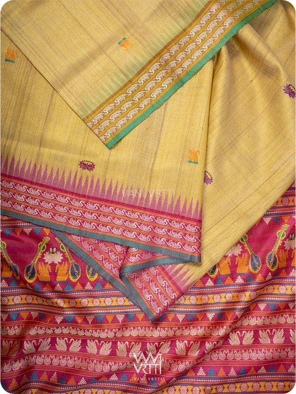 Pastel Yellow Pink Olive Veena Pani Lata Master Weave Exclusive Handspun Tussar Silk Saree