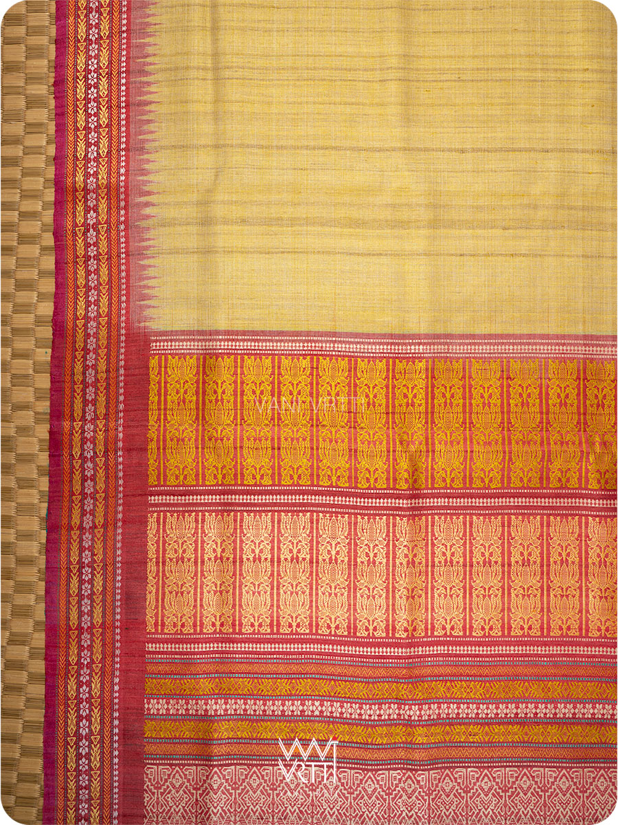 Pastel Yellow Firozi Red Ganga Jamuna Ananta Handspun Tussar Silk Saree