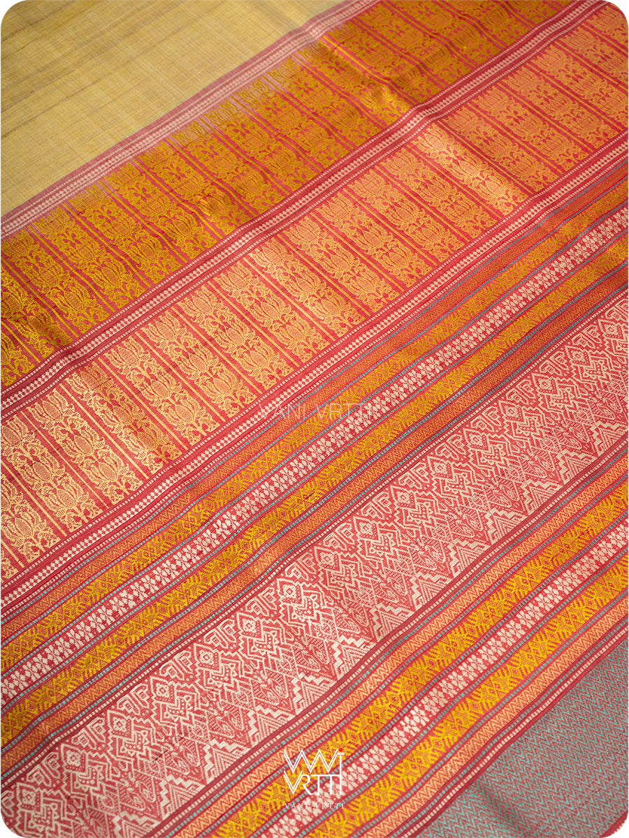 Pastel Yellow Firozi Red Ganga Jamuna Ananta Handspun Tussar Silk Saree