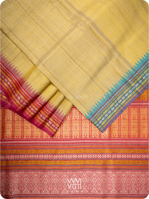 Pastel Yellow Firozi Red Ganga Jamuna Ananta Handspun Tussar Silk Saree