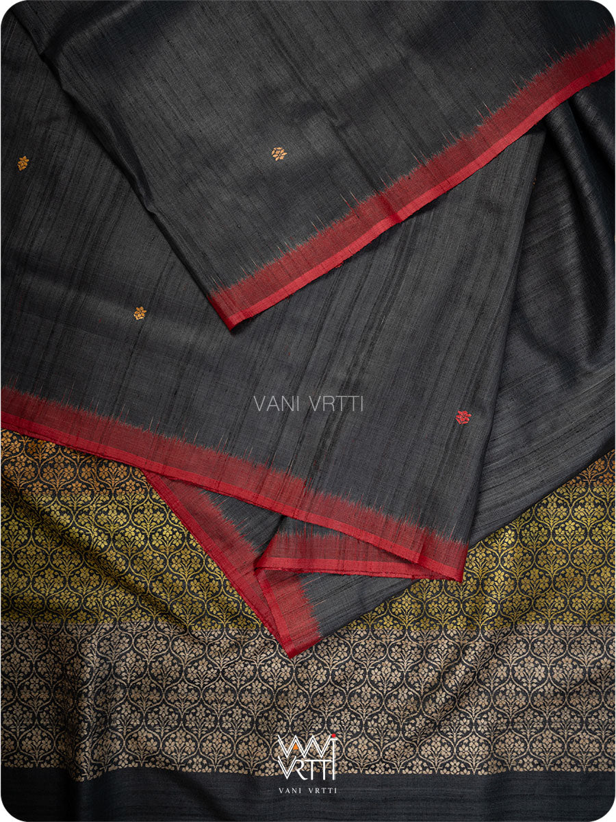 Black Parijat Jaal Handspun Tussar Silk Saree