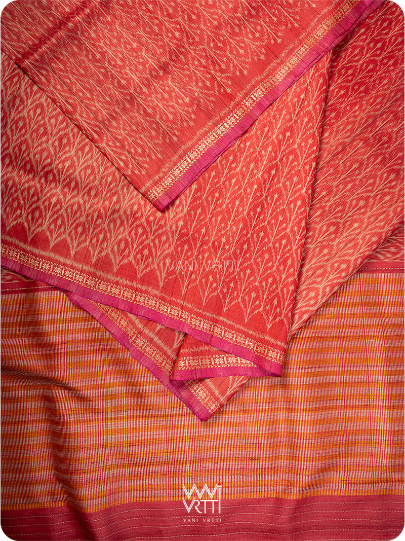 Red Iris Ikat Handspun Tussar Silk Sari