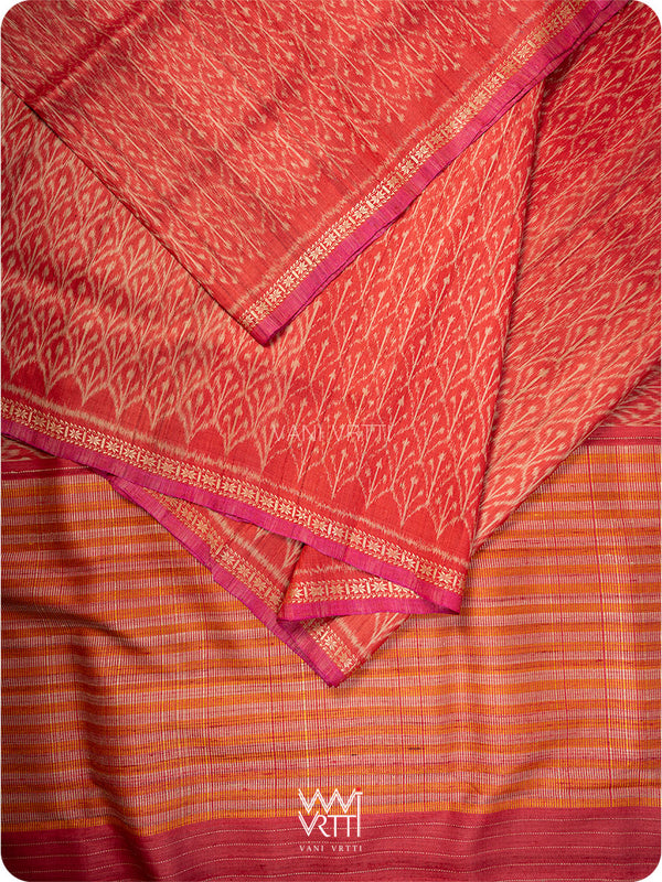 Red Iris Ikat Handspun Tussar Silk Sari