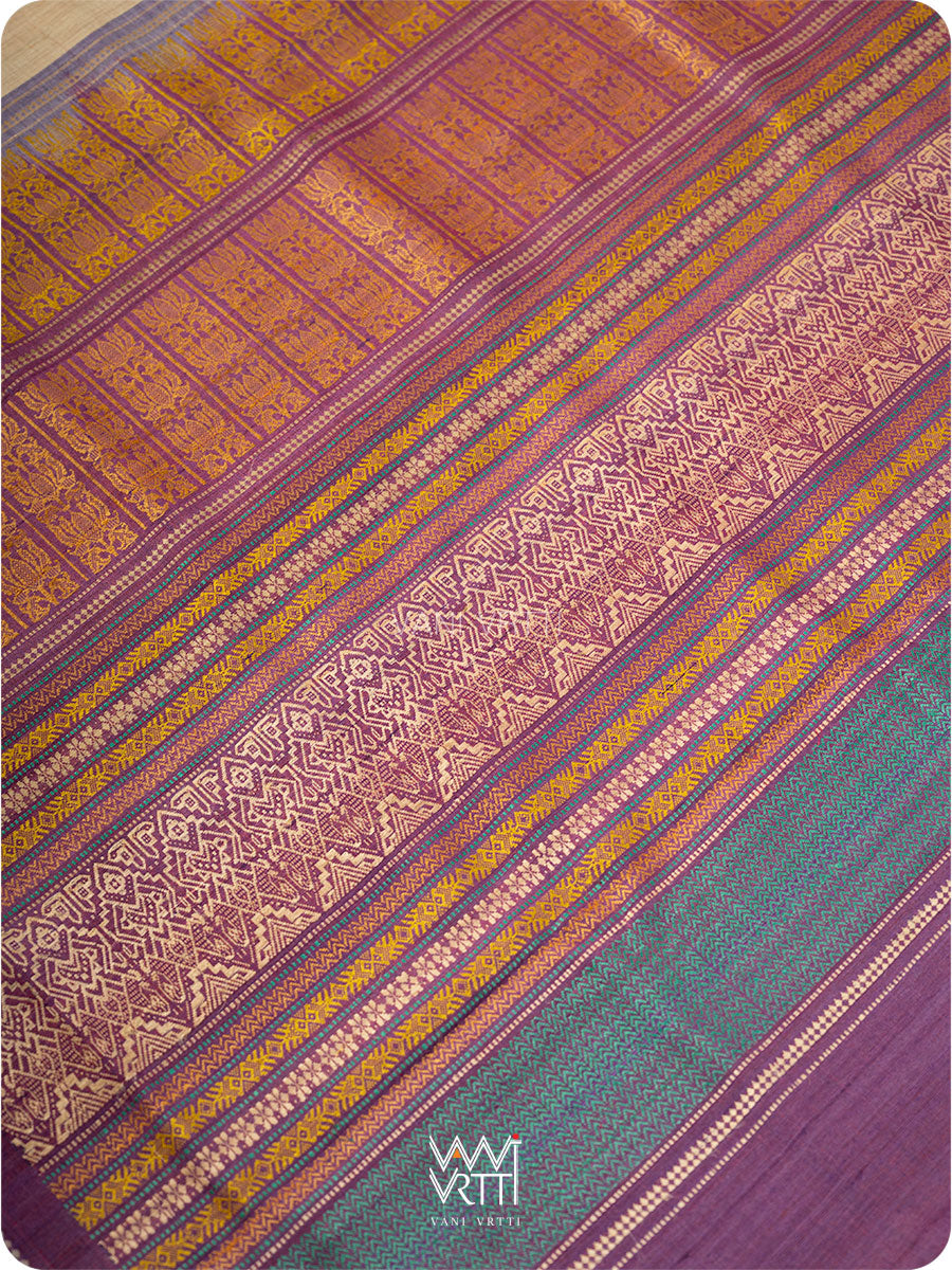 Off White Purple Green Ananta Handspun Tussar Silk Sari