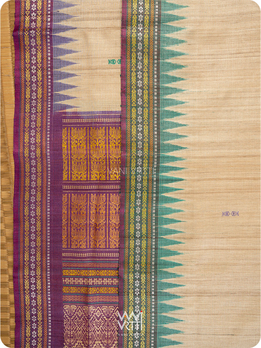 Off White Purple Green Ananta Handspun Tussar Silk Sari