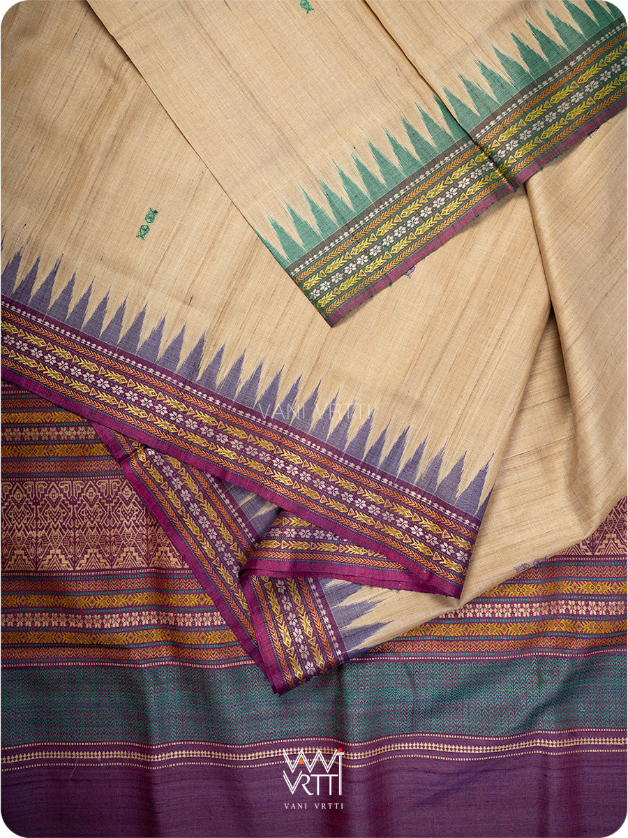 Off White Purple Green Ananta Handspun Tussar Silk Sari